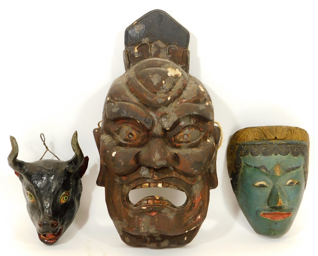 3PC JAPANESE FIGURAL CARVED WOOD MASK