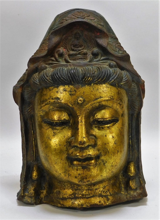 CHINESE GILT CAST IRON BUDDHA HEAD 29b82a