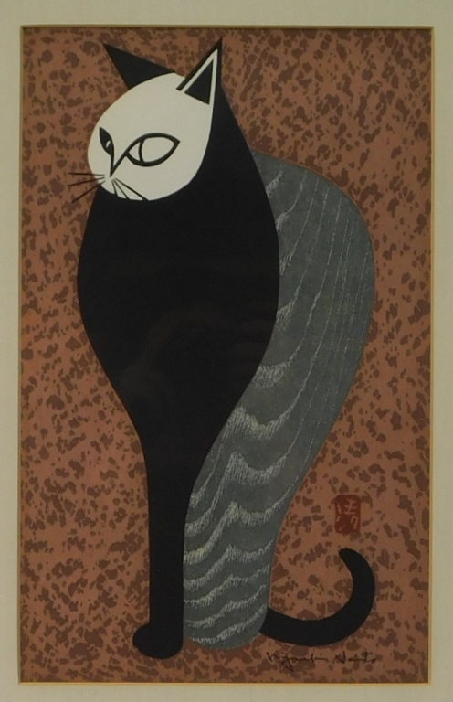 KIYOSHI SAITO MODERN CAT WOODBLOCK PRINT