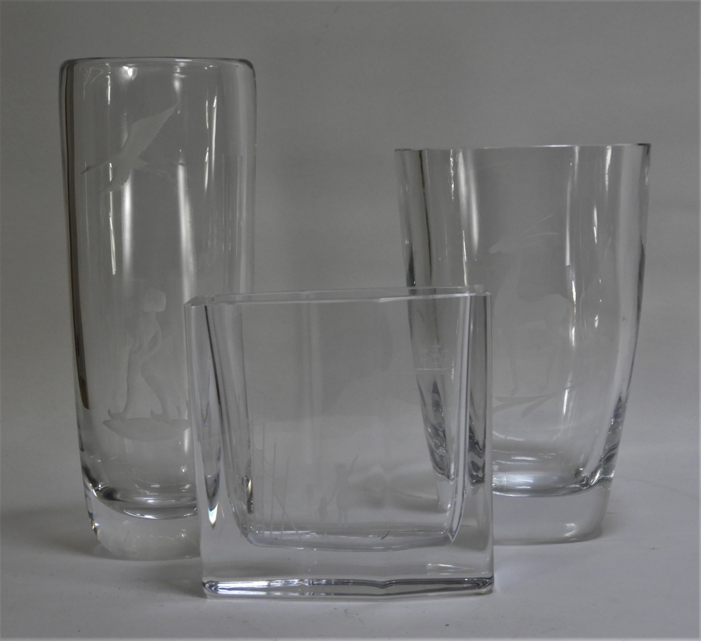 3PC ORREFORS FIGURAL ETCHED CRYSTAL 29b997