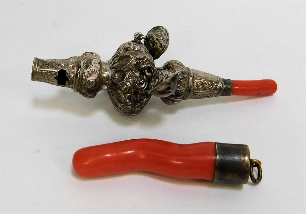 2PC CHINESE QING SILVER CORAL WHISTLE