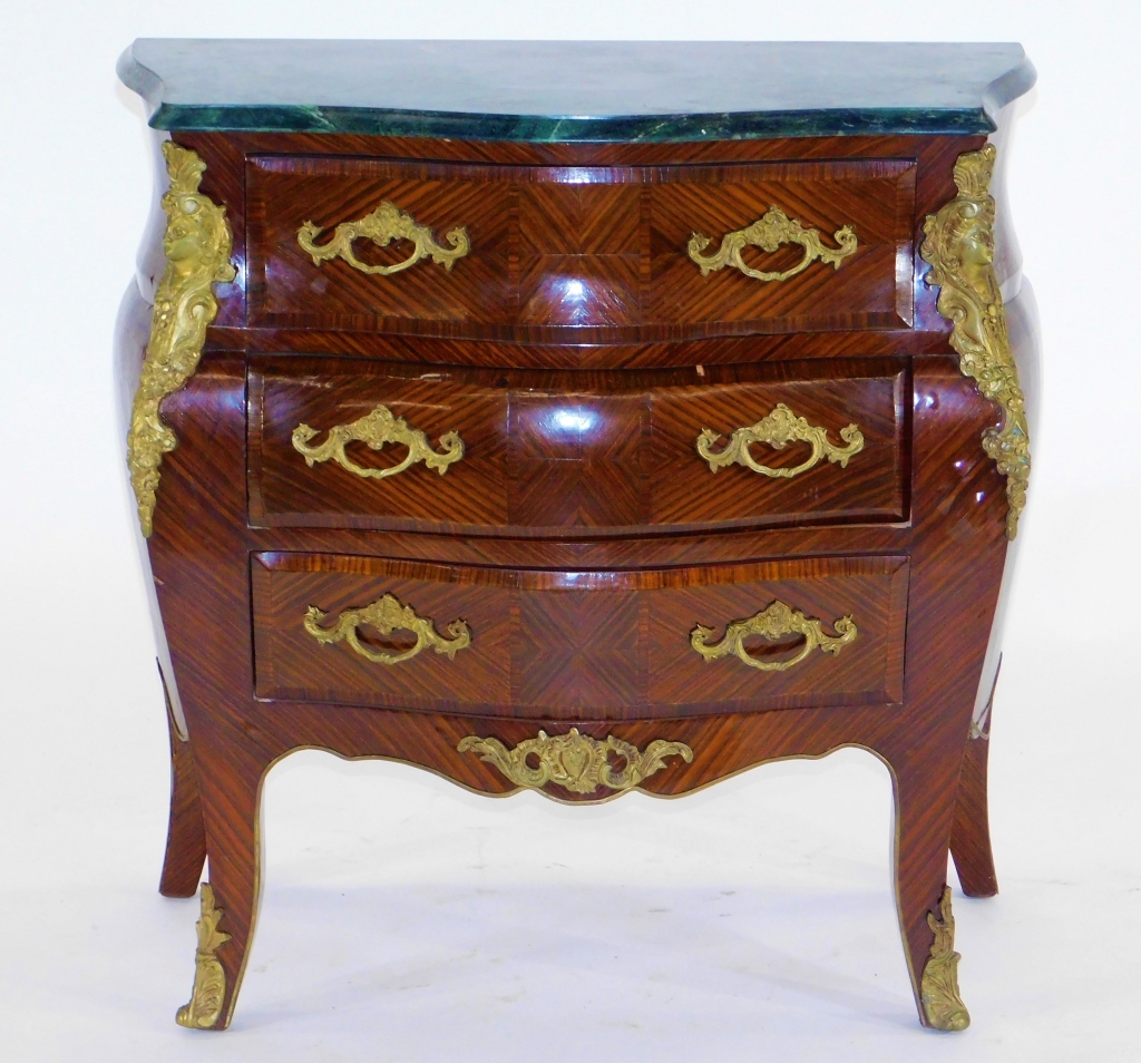 FRENCH BOMBE MARBLE TOP THREE DRAWER