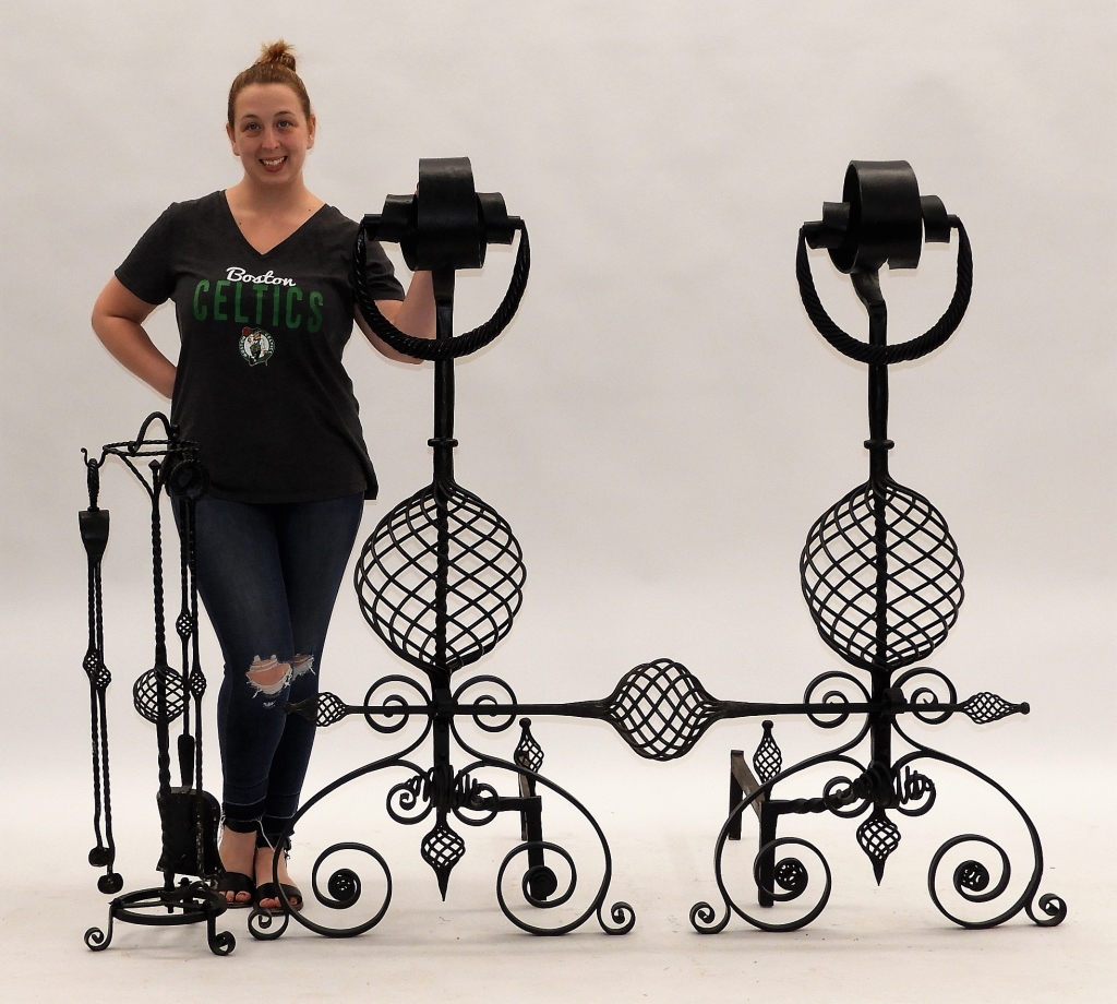 LARGE PR WROUGHT IRON ANDIRONS FIREPLACE