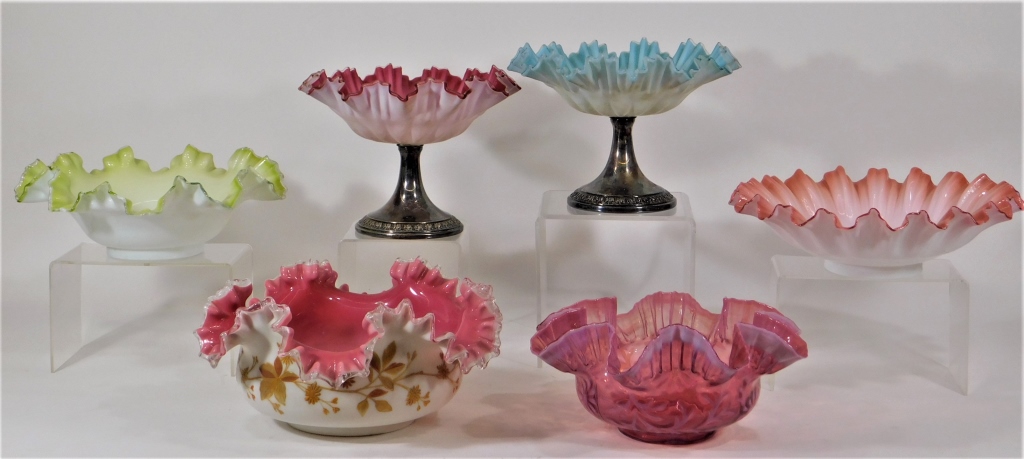 6 VICTORIAN SATIN ENAMEL ART GLASS