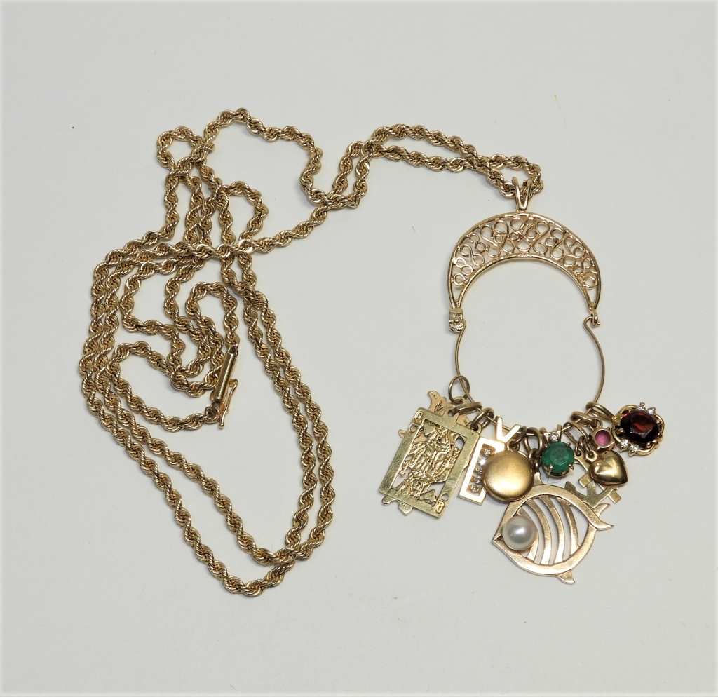14KT GOLD ROPE CHAIN MULTI CHARM
