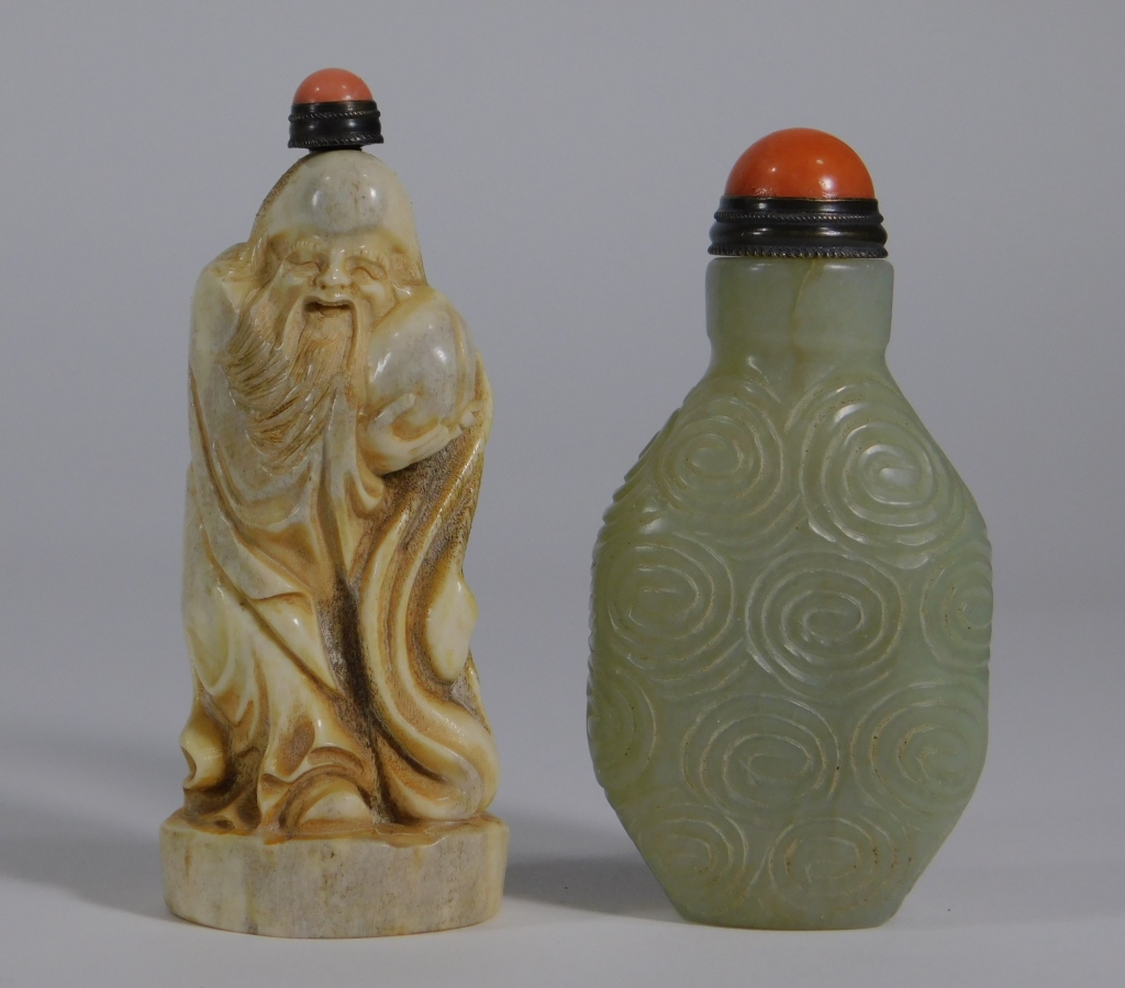 2PC CHINESE CARVED BONE & HARDSTONE