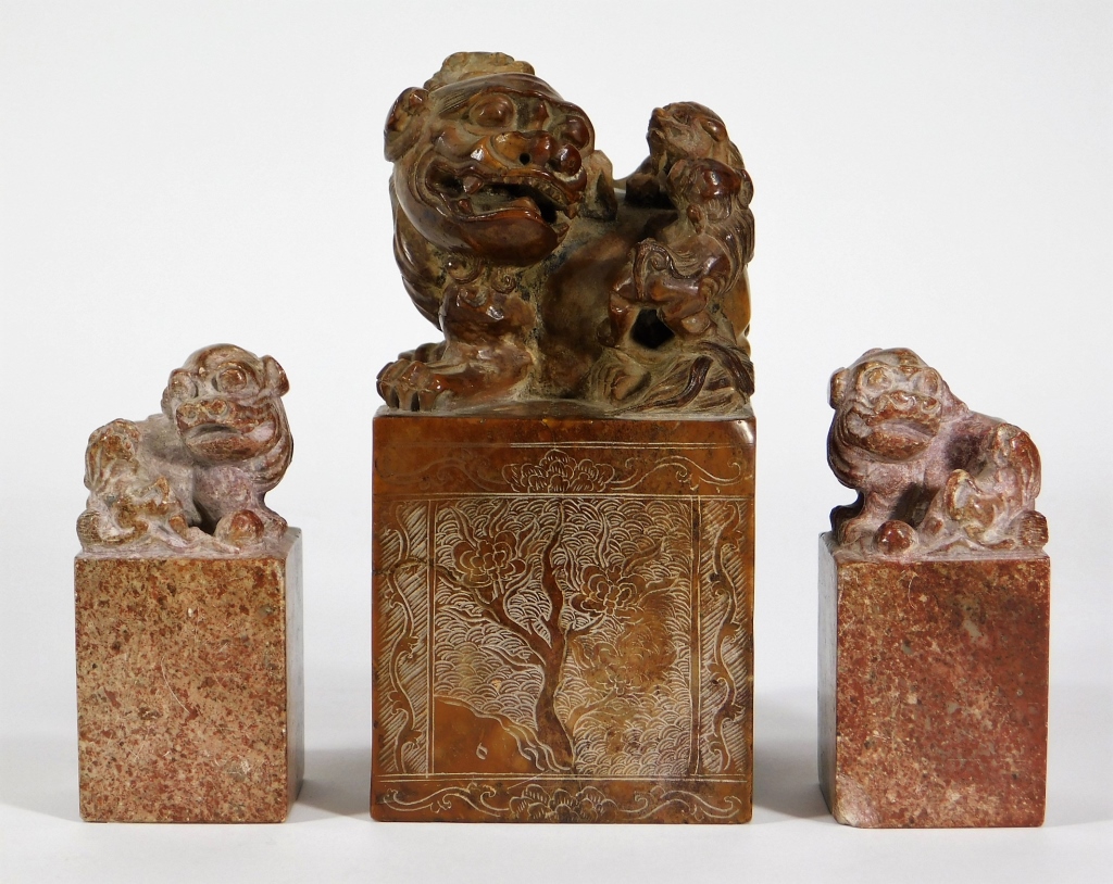 3 CHINESE CARVED SOAPSTONE FOO LION