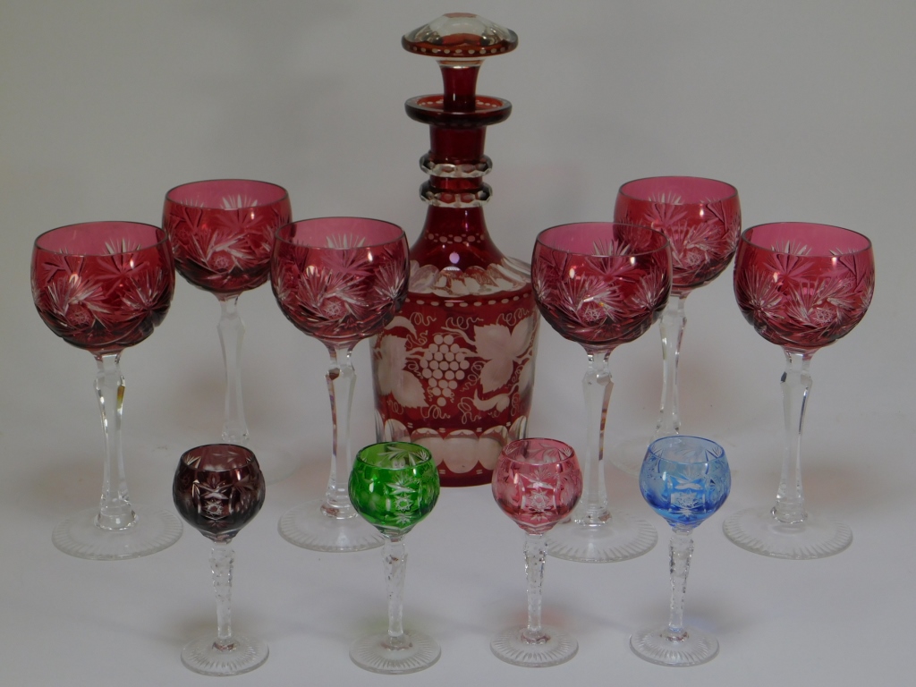 11PC BOHEMIAN CUT OVERLAY CRYSTAL GLASS