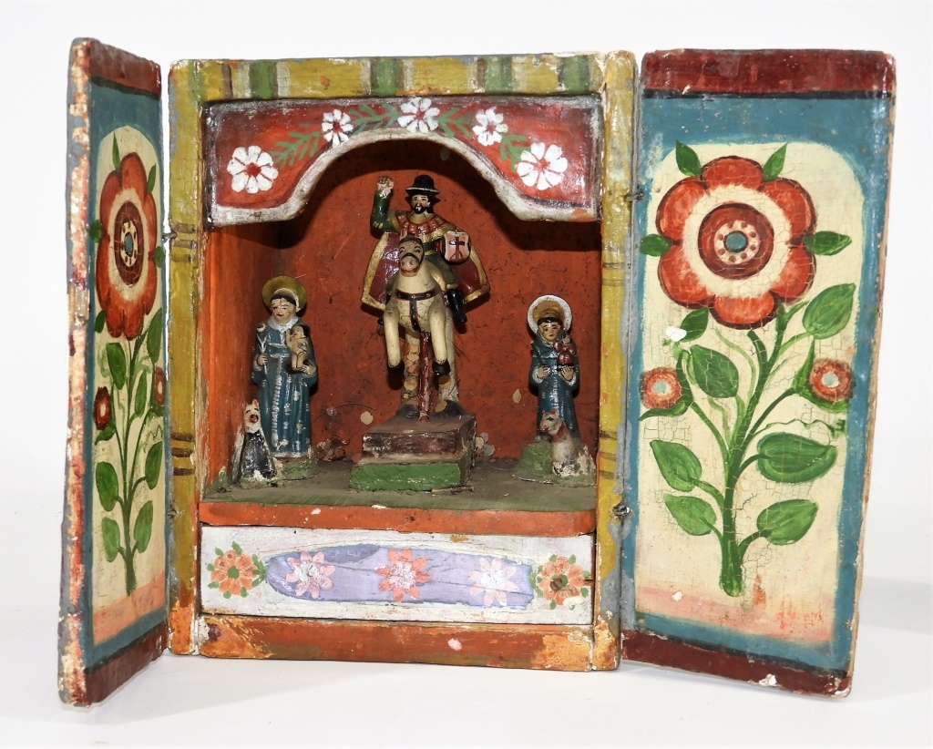 MEXICAN CARVED PAINTED WOOD RELIQUARY 29cb5f