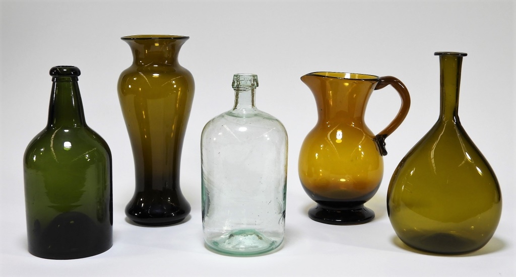 5PC 18C AMERICAN HAND BLOWN GLASS BOTTLES