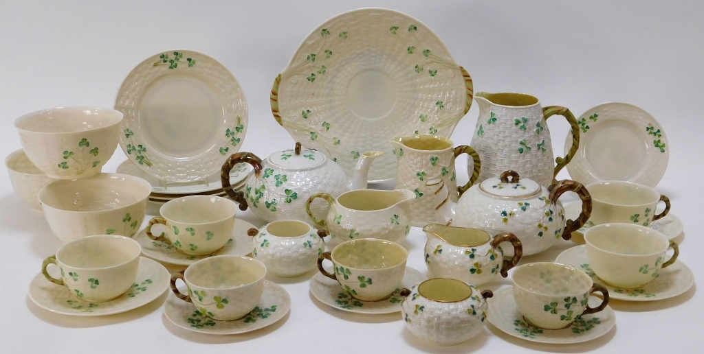 34PC IRISH BELLEEK SHAMROCK BASKET WEAVE