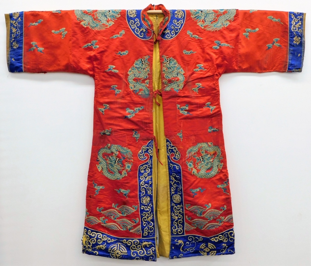 CHINESE SILK RED AND BLUE DRAGON