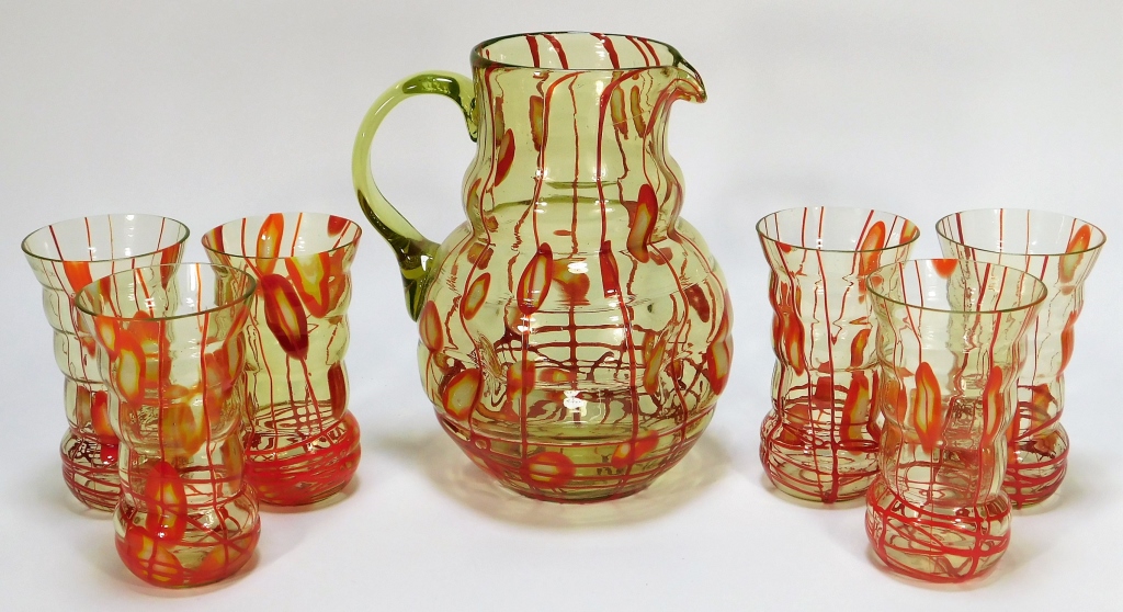 7PC KRALIK BOHEMIAN ART GLASS PITCHER 29b44c