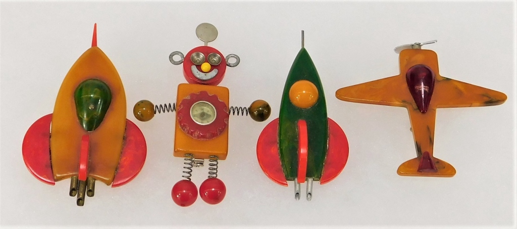 4 MCM BAKELITE ROBOT AIRCRAFT BROOCH