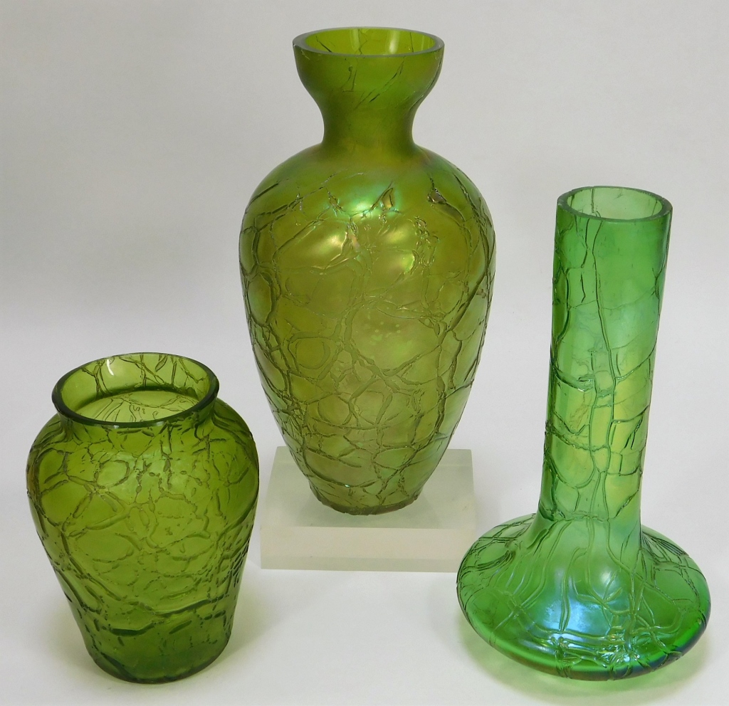 3 KRALIK CRACKLE BOHEMIAN ART GLASS