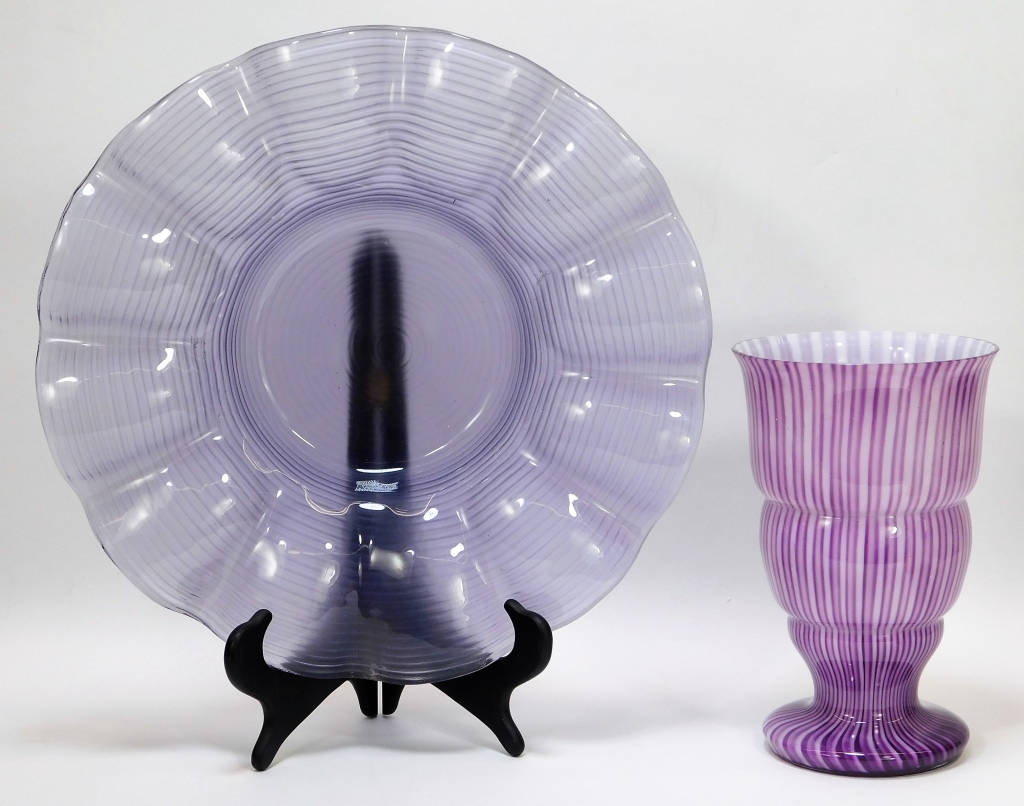 2 PURPLE BOHEMIAN ART GLASS VASE AND