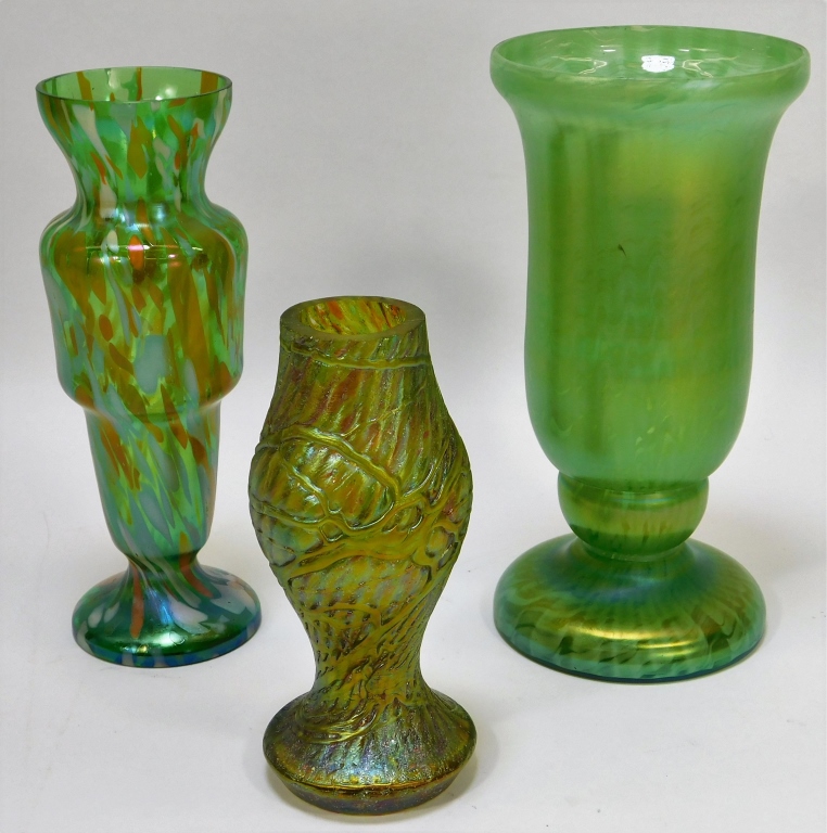 3 ASSORTED GREEN BOHEMIAN ART GLASS
