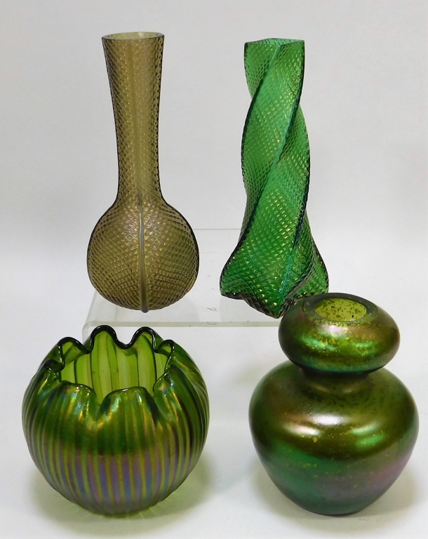 4 ASSORTED GREEN BOHEMIAN ART GLASS