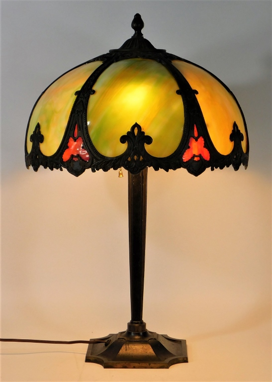 1920S SPELTER SLAG GLASS PANEL LAMP