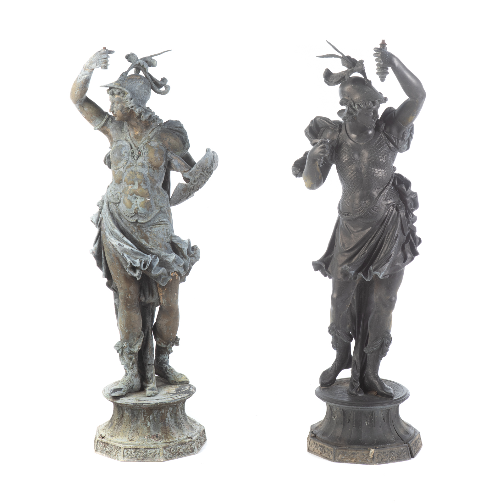 A PAIR OF ATHENA SPELTER NEWEL