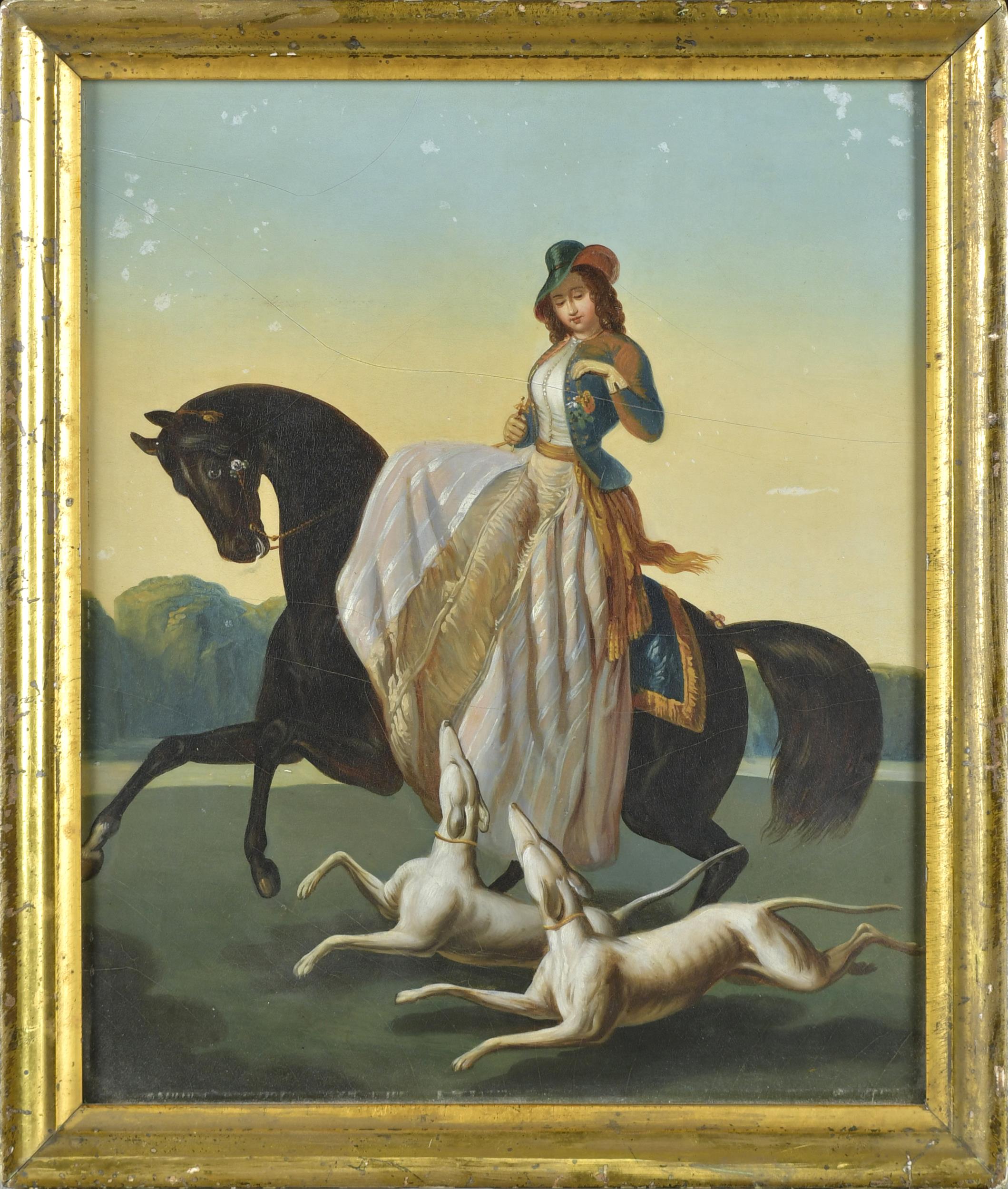 19TH C OIL EQUESTRIAN WITH DOGS  29df45