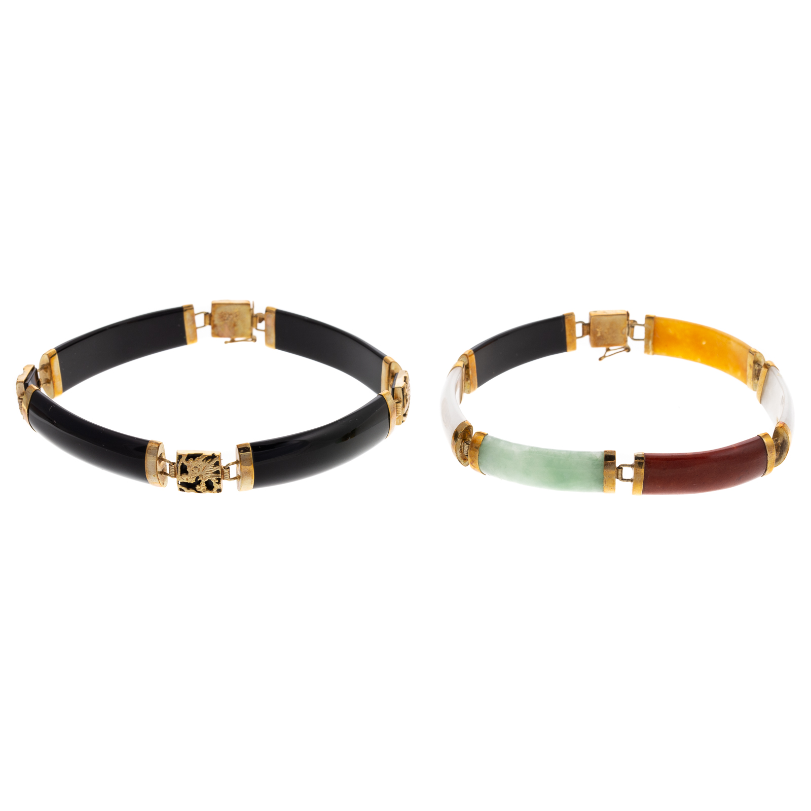 A PAIR OF ONYX & JADE BRACELETS