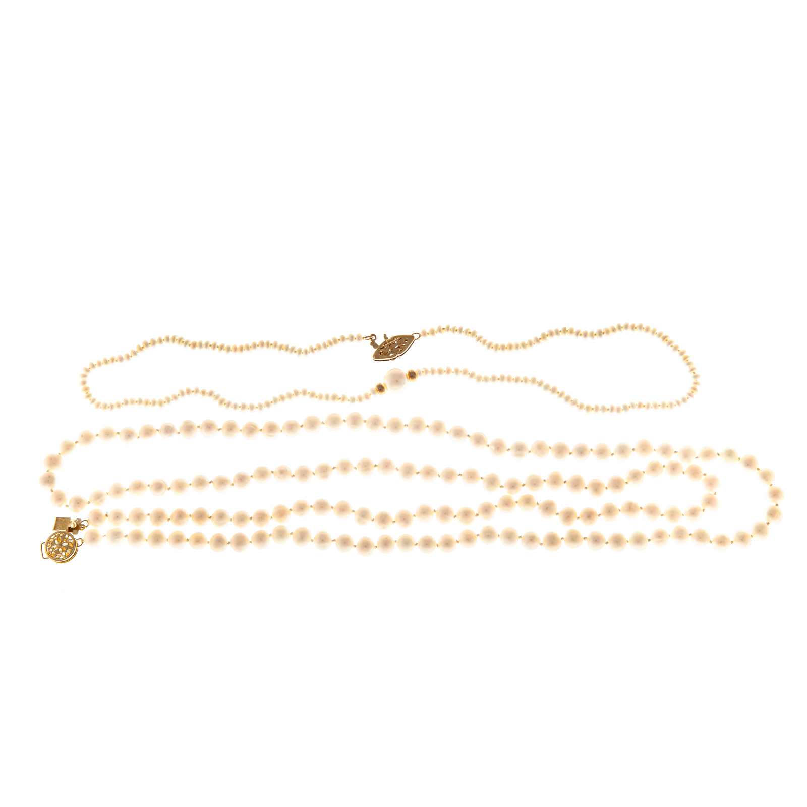 TWO 14K YELLOW GOLD PEARL NECKLACES
