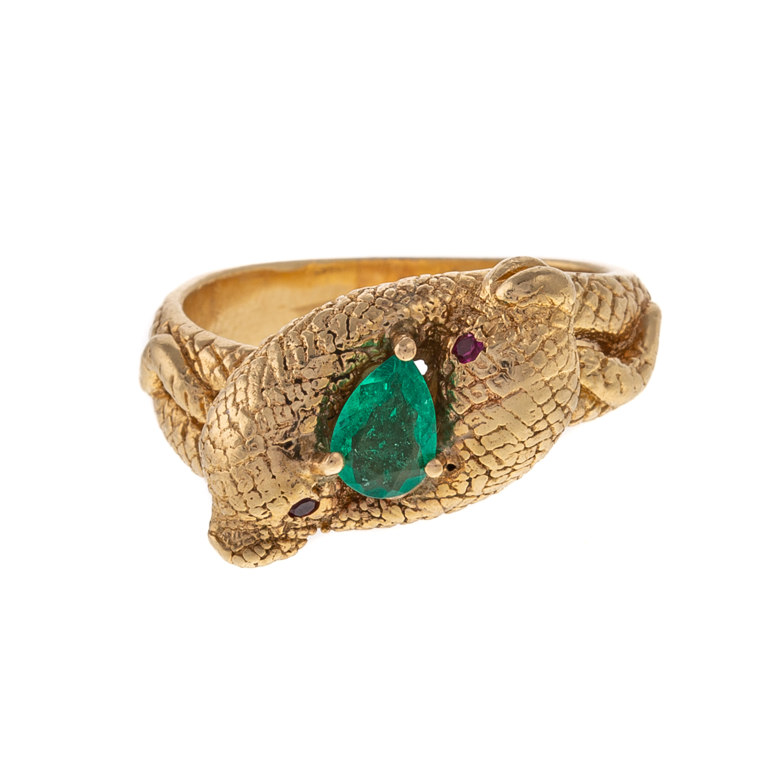 A 14K DOUBLE SNAKE RING WITH EMERALD