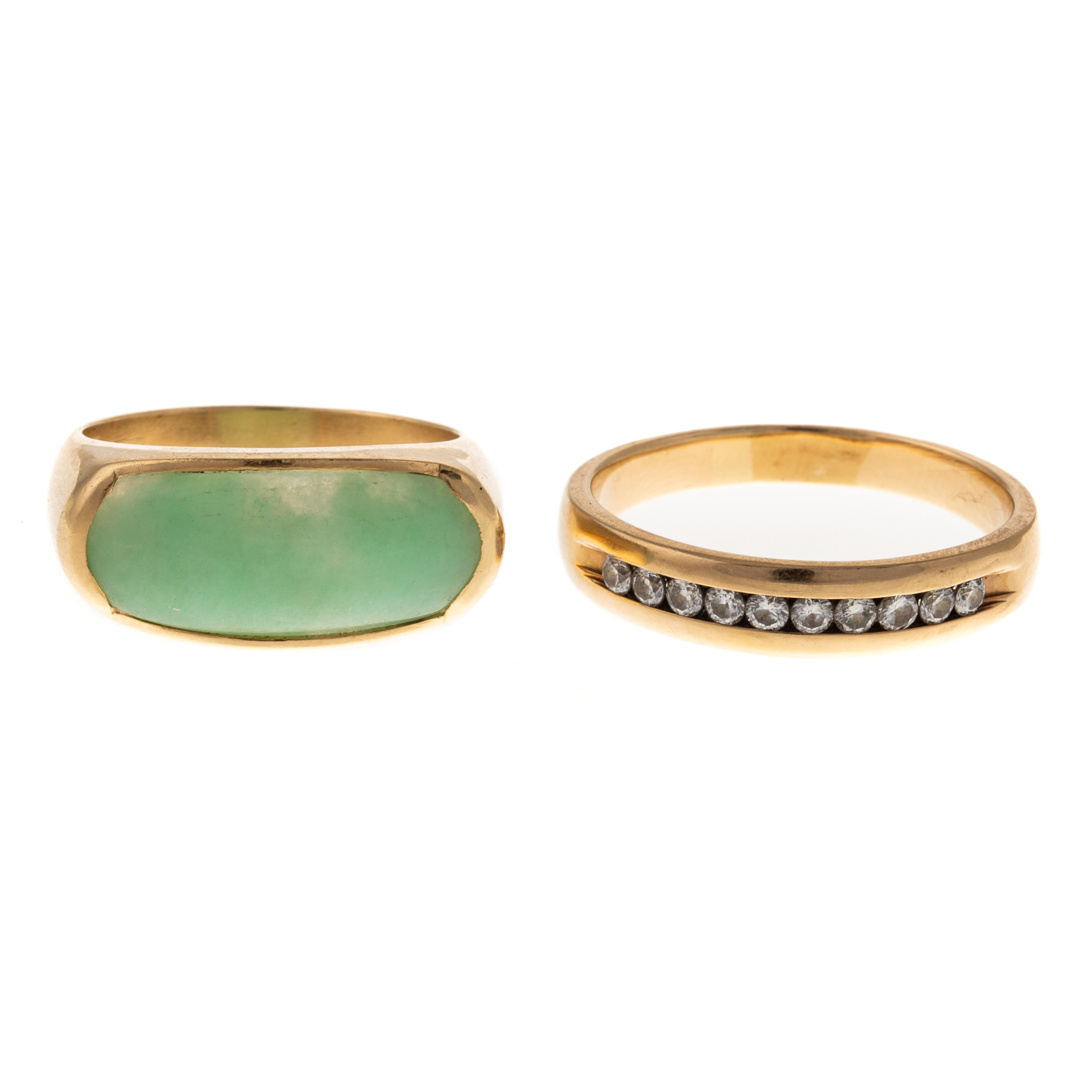 A DIAMOND BAND & JADE RING IN 14K