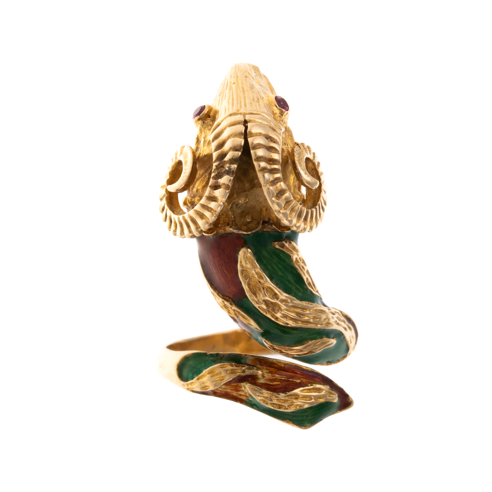 AN ENAMEL RAM'S HEAD RING IN 18K