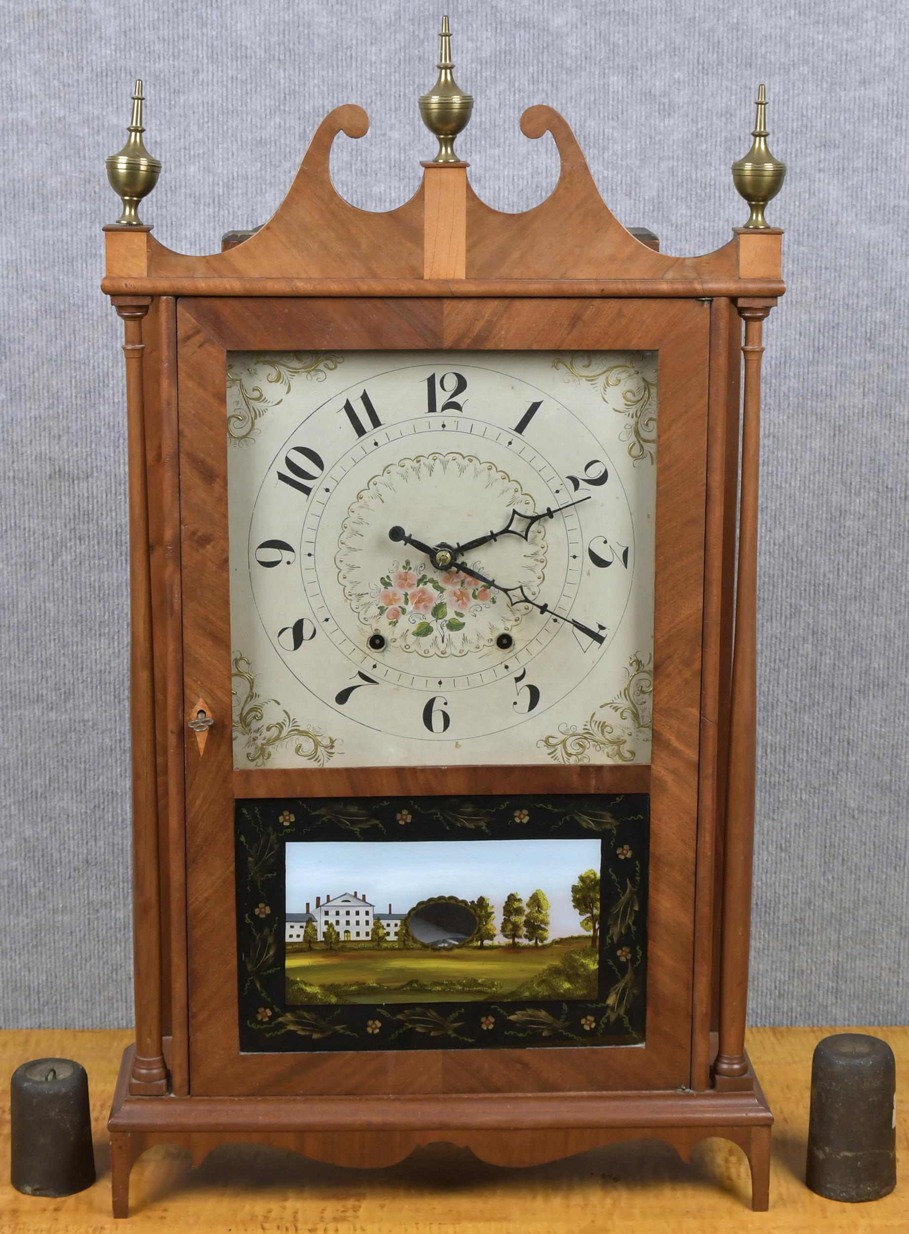 19TH C. PILLAR & SCROLL SHELF CLOCK.