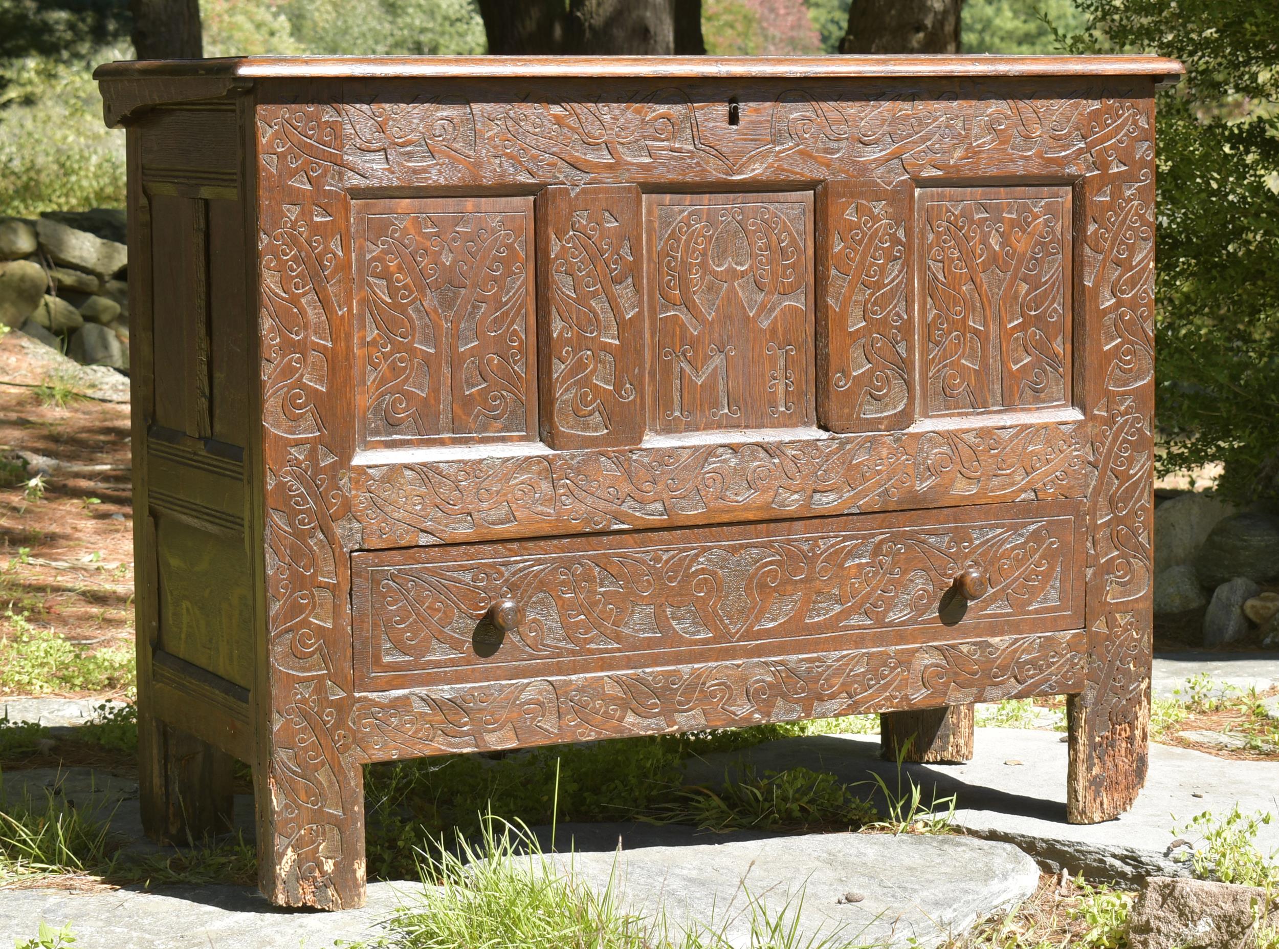 17TH C. CARVED OAK HADLEY CHEST.