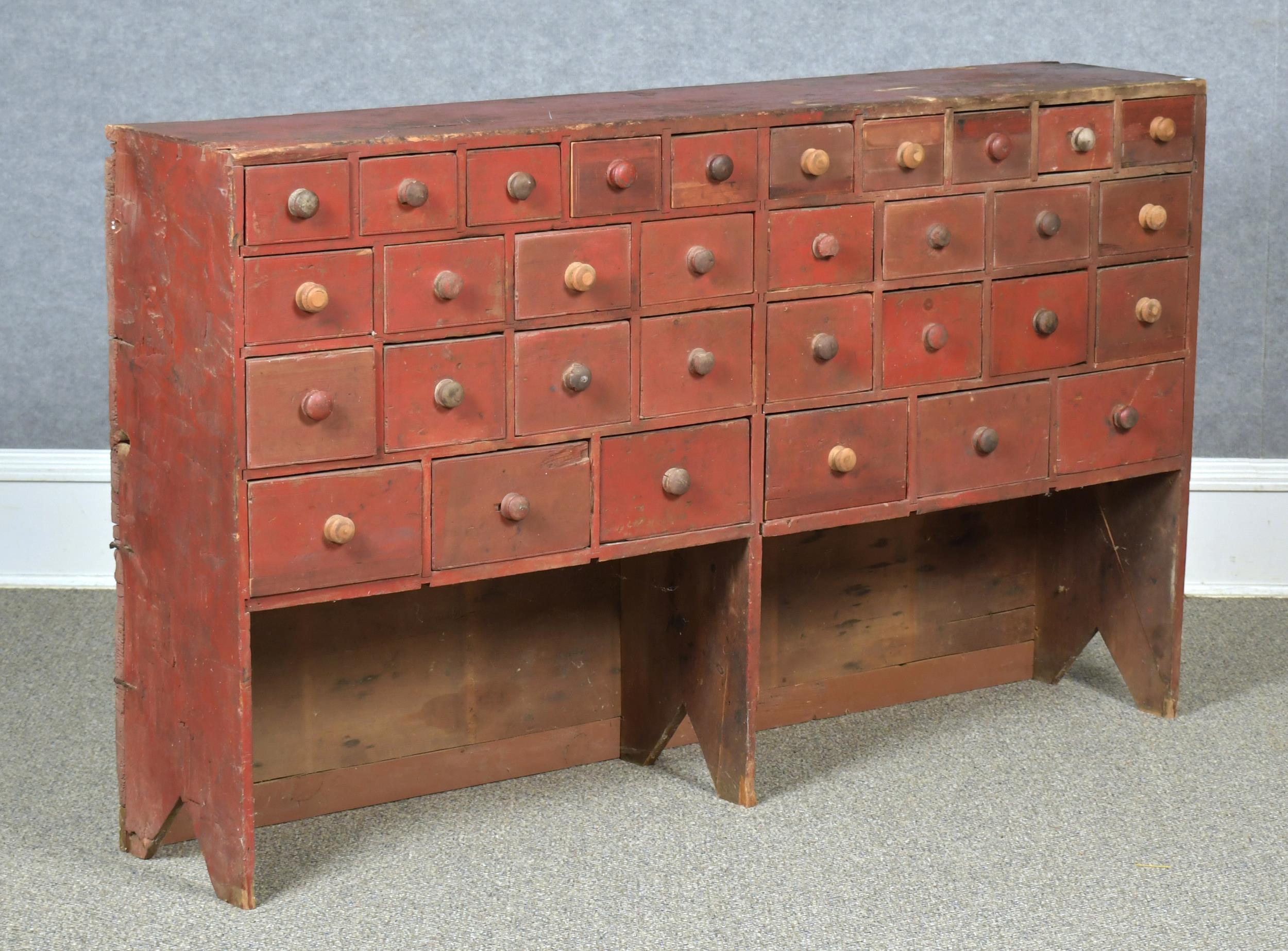 19TH C. PAINTED 32 DRAWER APOTHECARY.