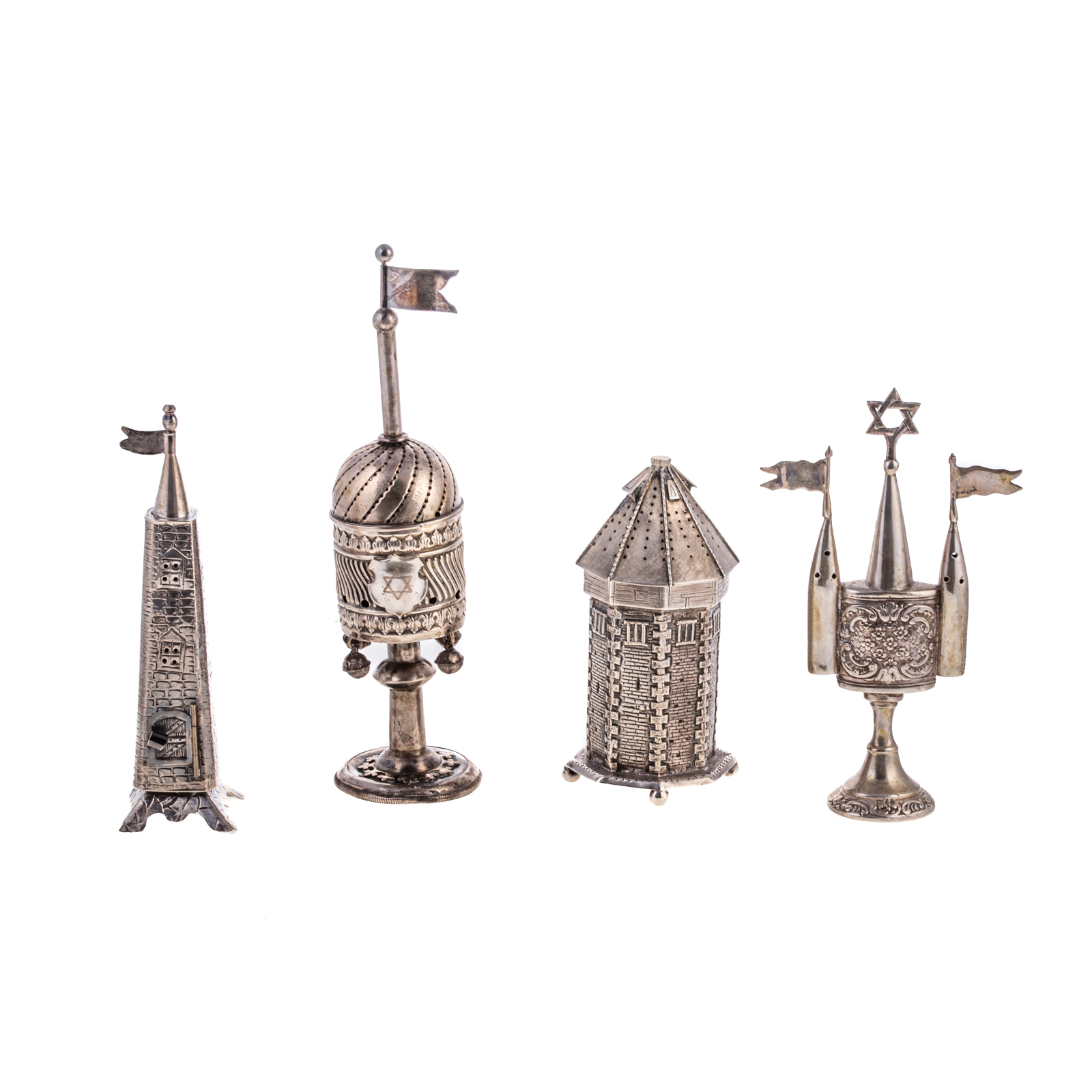 FOUR JUDAICA SILVER SPICE TOWERS BESAMIN 29e0e3