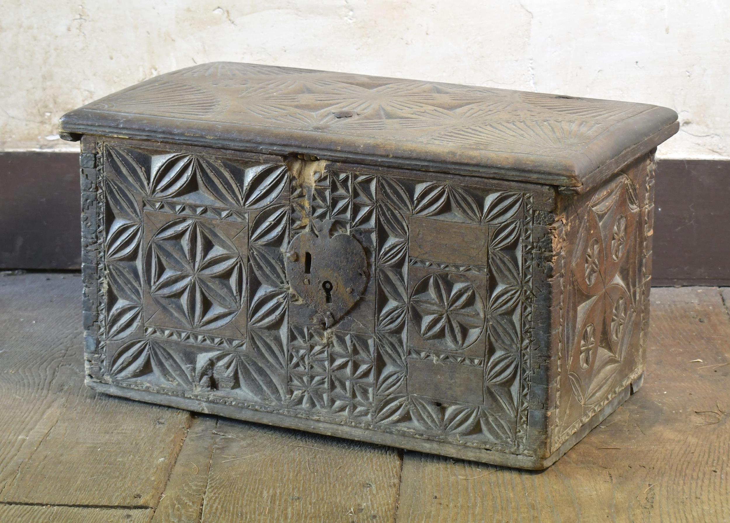 EARLY 18TH C. CARVED PINE BOX.