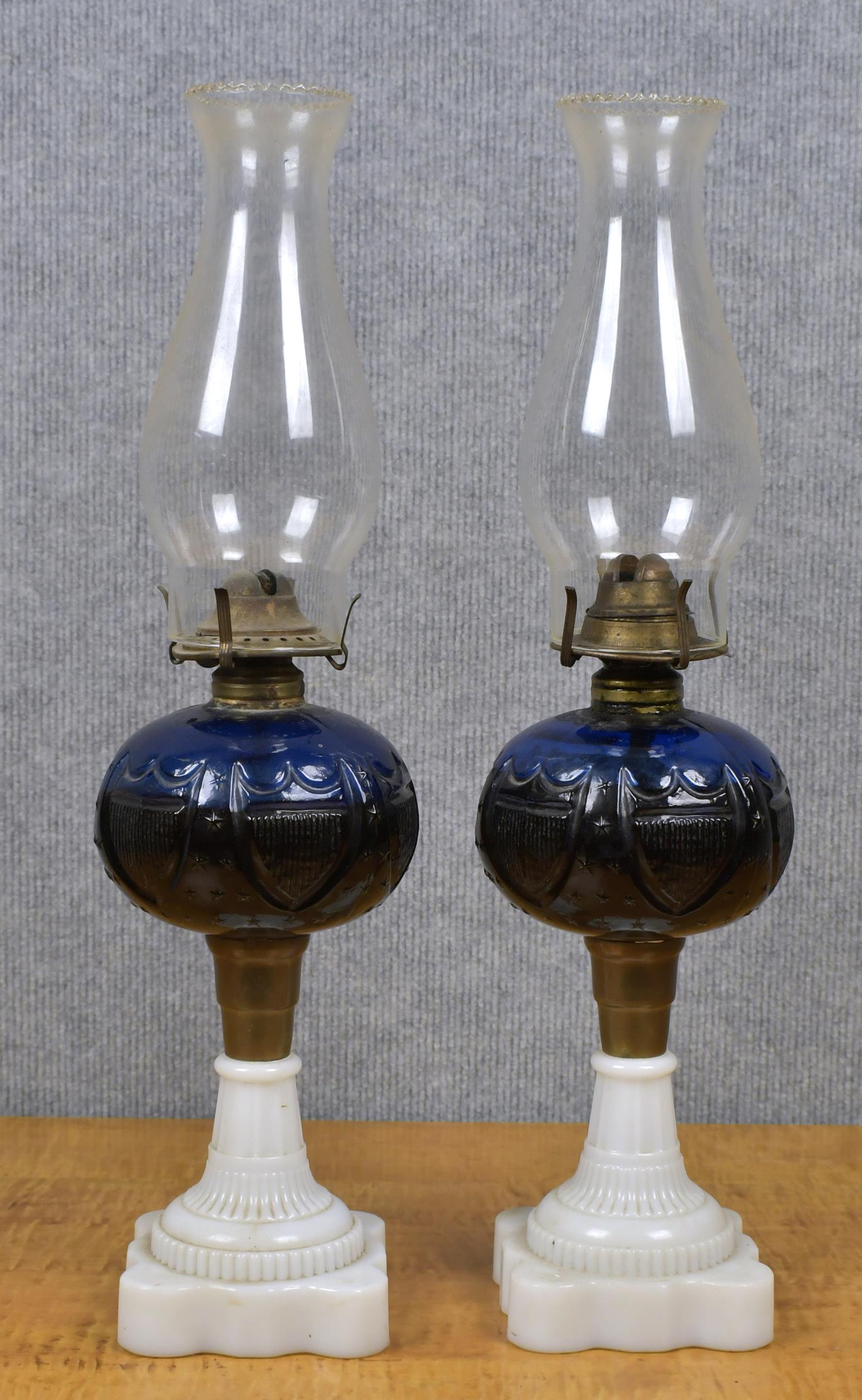 PAIR OF PATRIOTIC COBALT OIL LAMPS.