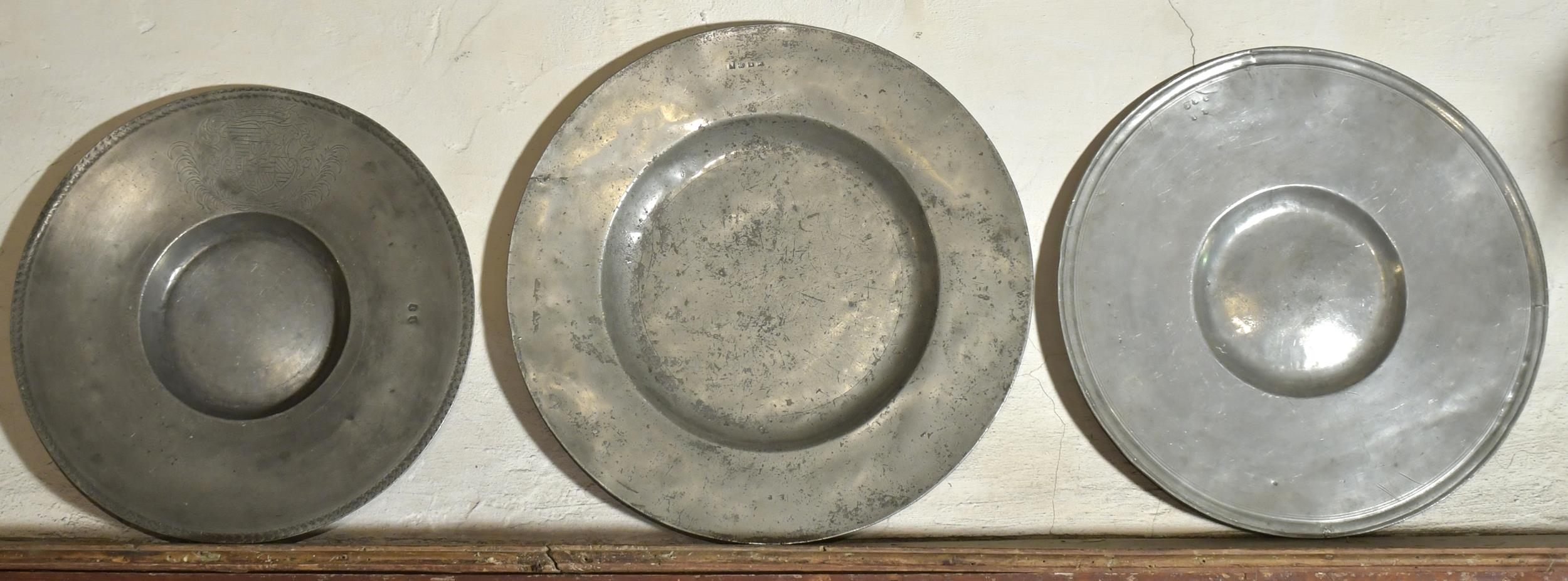 THREE EARLY WIDE RIM PEWTER CHARGERS  29e1ec