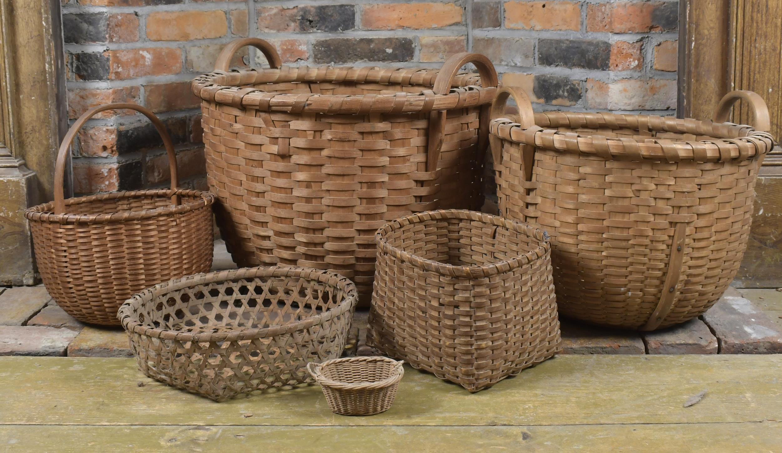 SIX ANTIQUE SPLINT BASKETS. Large