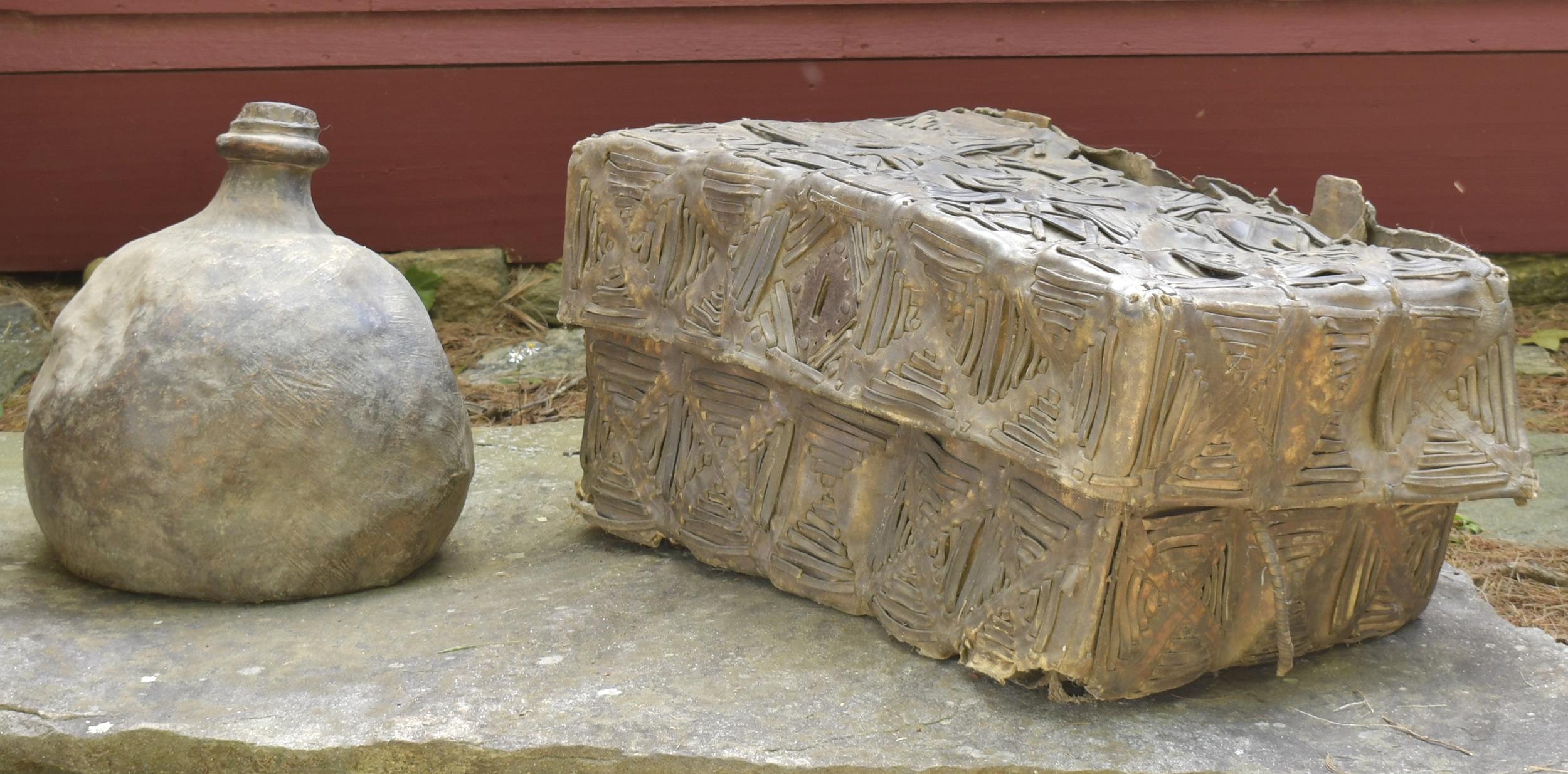 ANTIQUE LEATHER TRUNK AND CASK. A finely