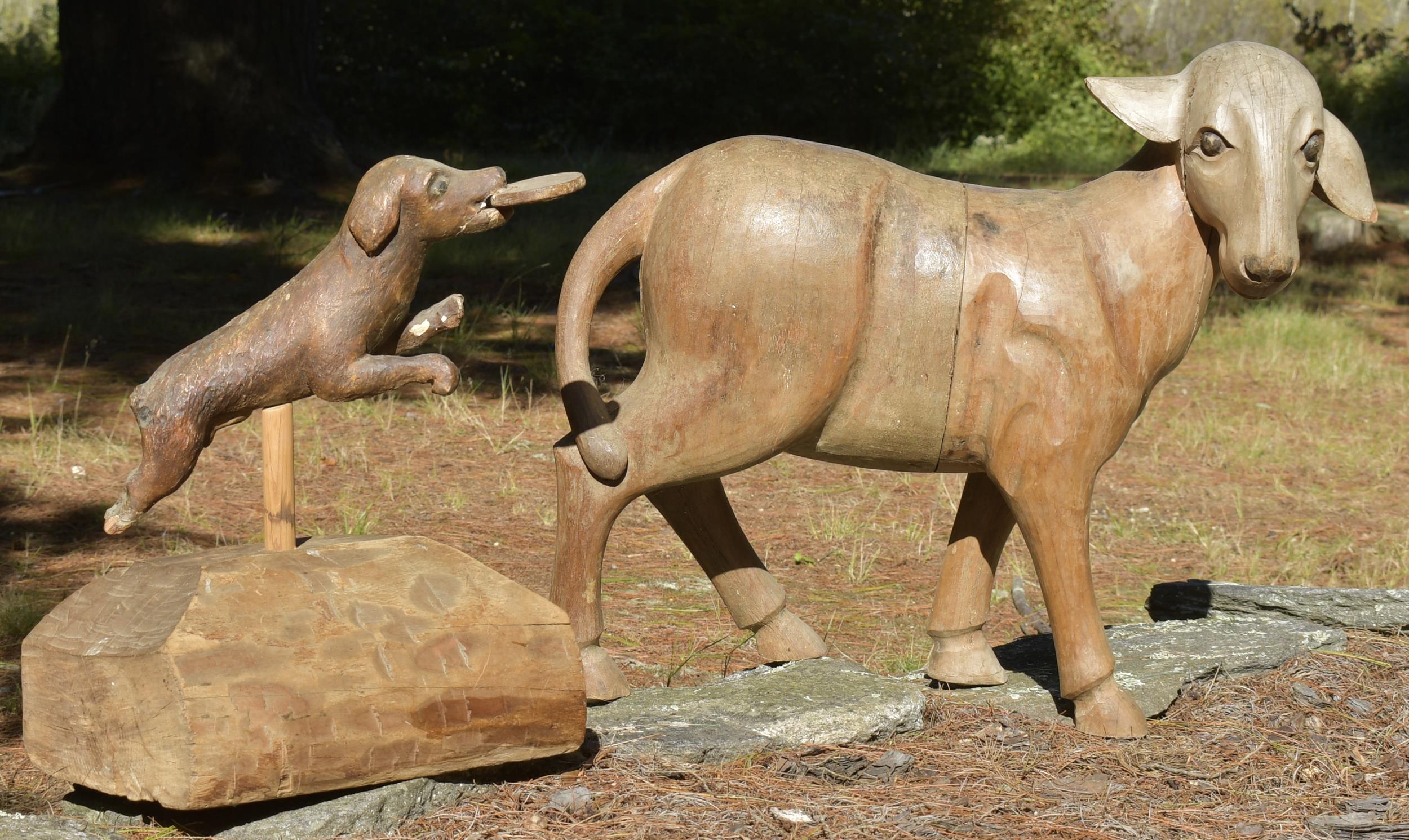 TWO ANTIQUE WOOD ANIMAL CARVINGS.