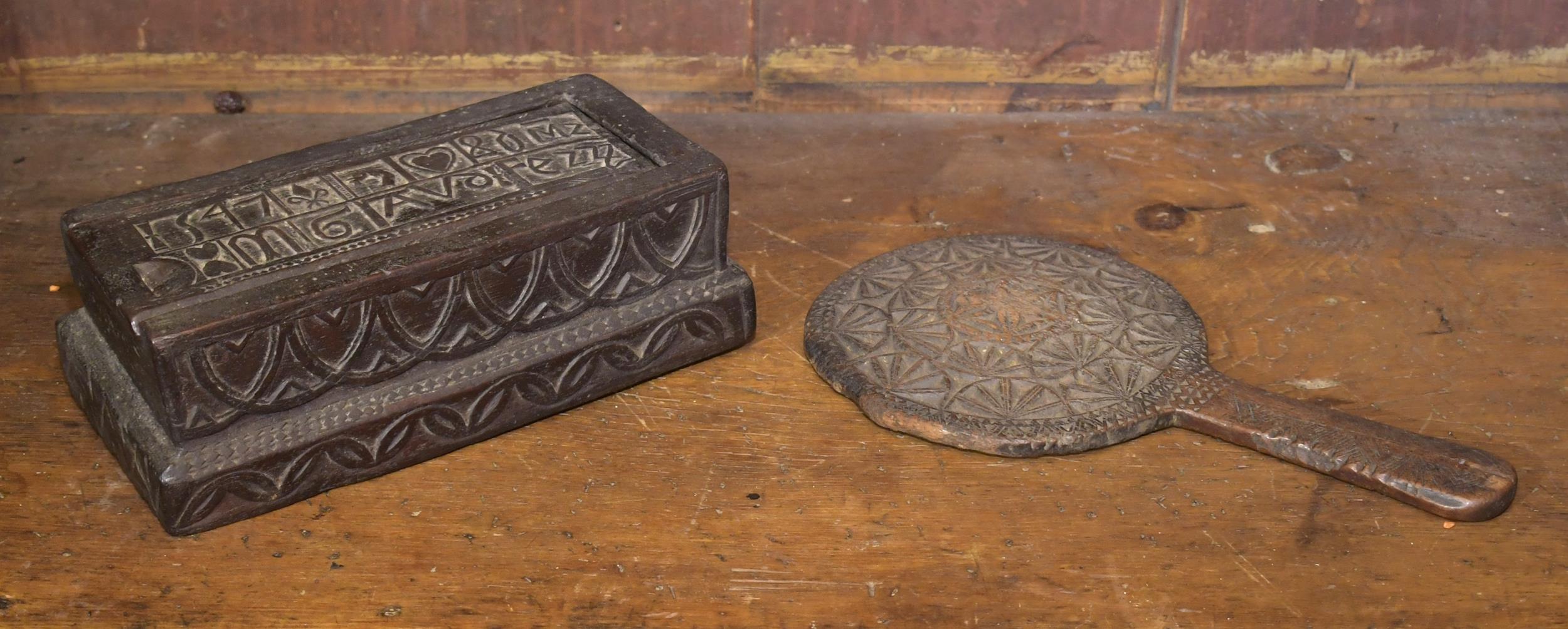 EARLY CARVED SLIDE BOX AND MIRROR.