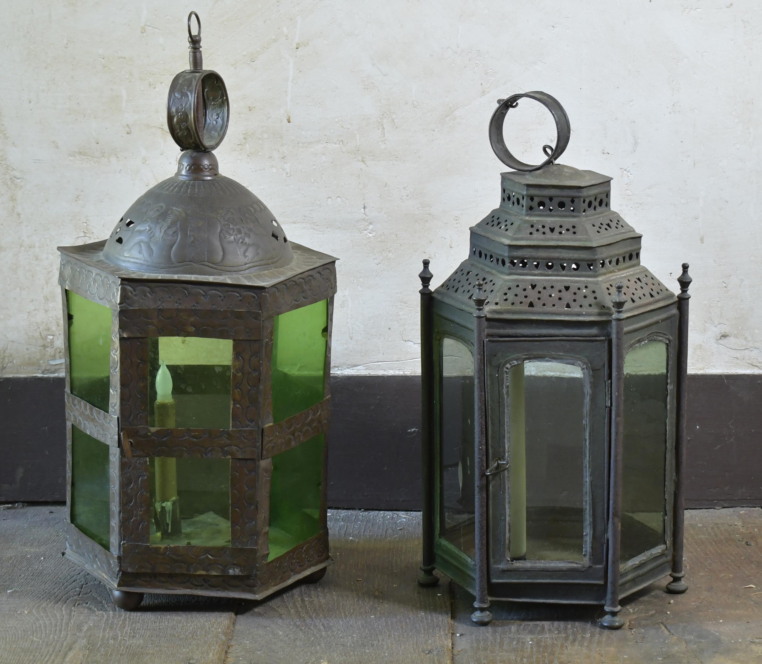 TWO ANTIQUE BRASS & TIN CANDLE LANTERNS.