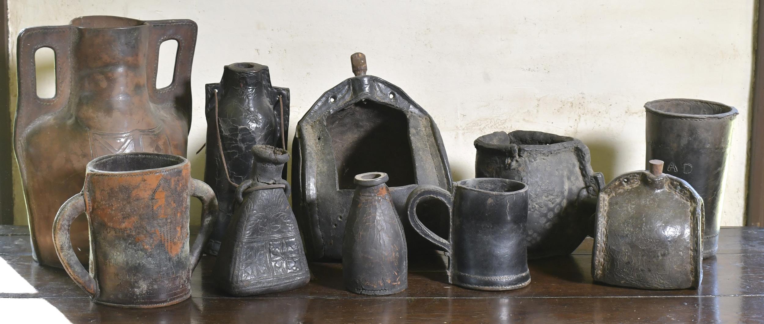 ASSORTED 18TH/19TH C. LEATHER VESSELS.