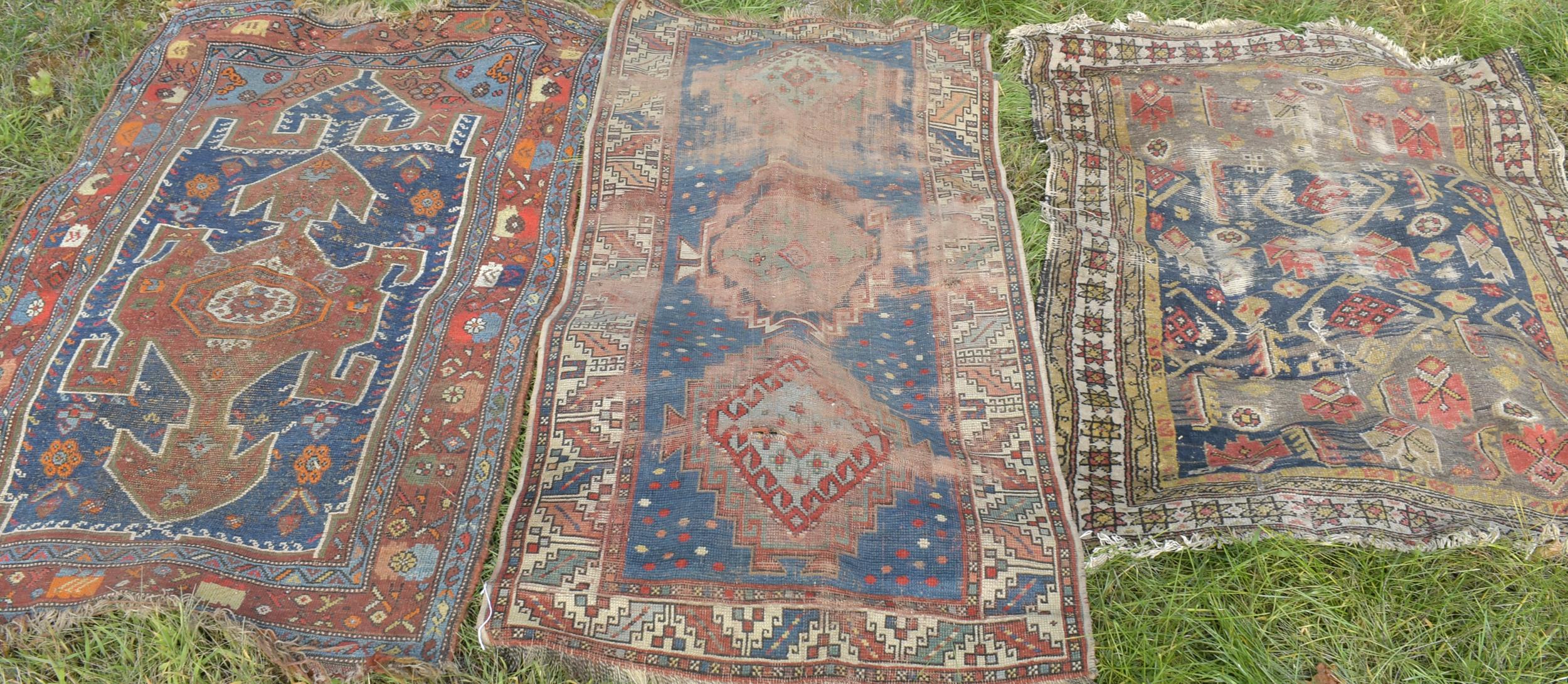 THREE ANTIQUE WORN SCATTER RUGS  29e26d