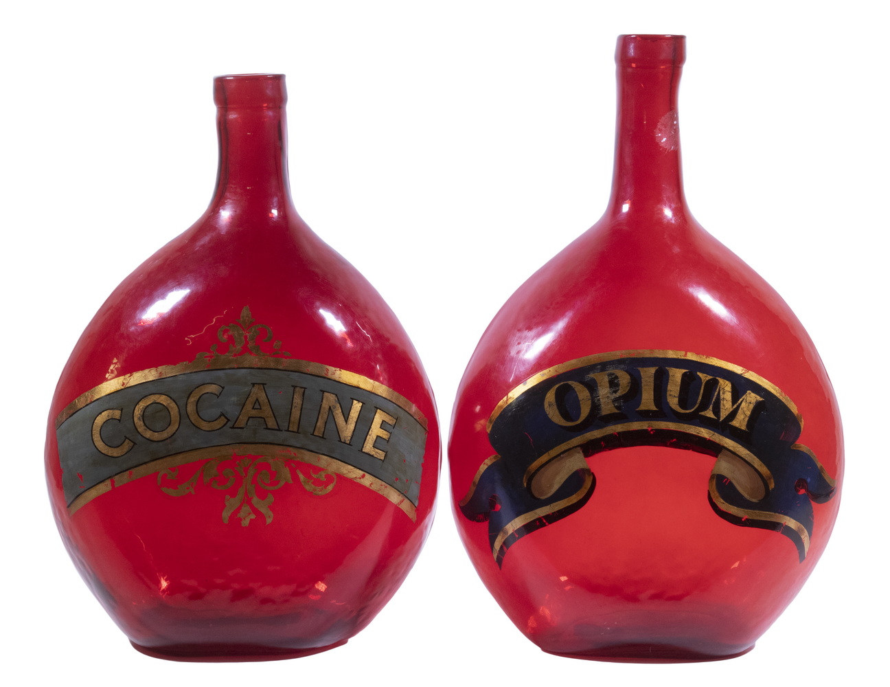 (2) RED APOTHECARY JARS - "COCAINE"