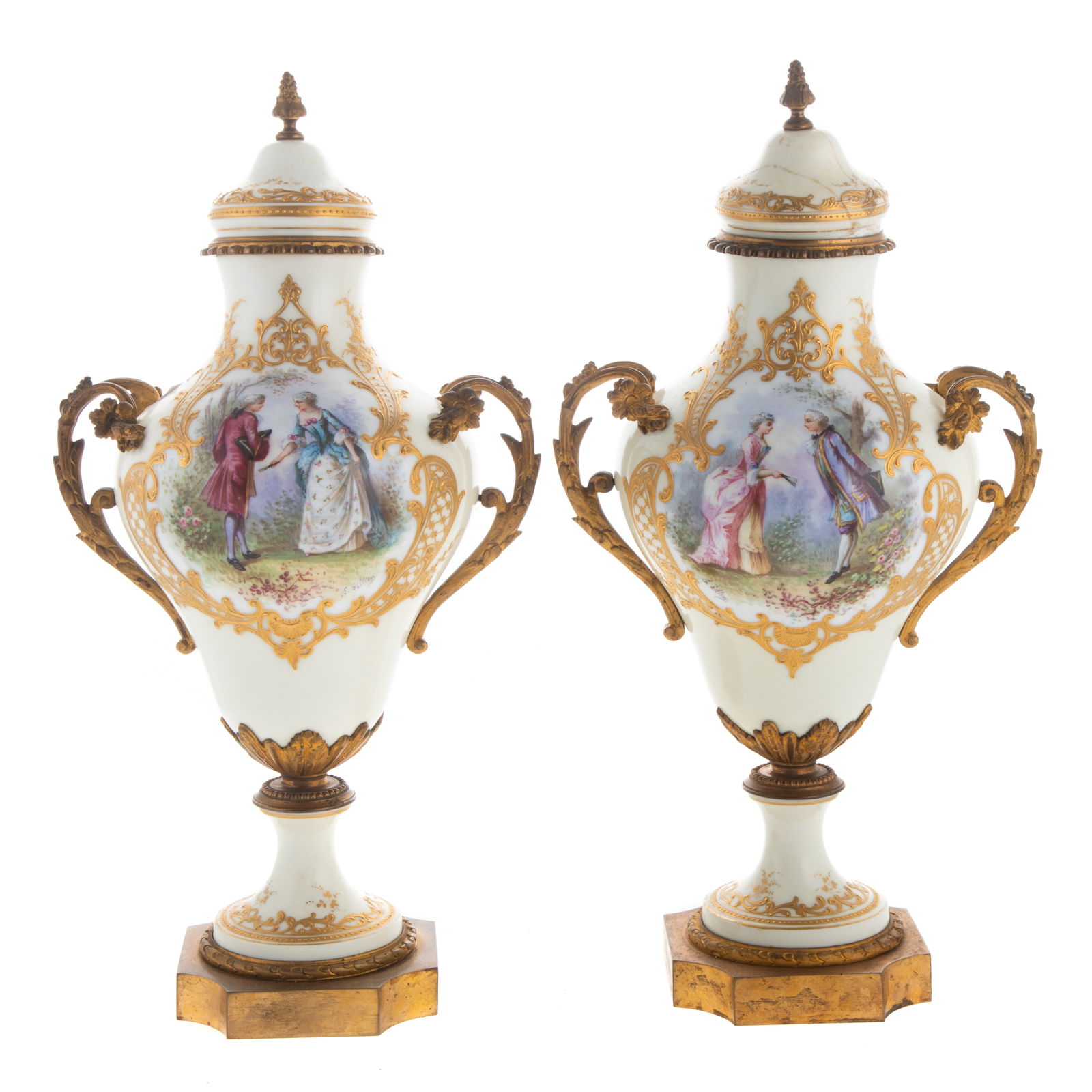 A PAIR OF SEVRES STYLE PORCELAIN URNS