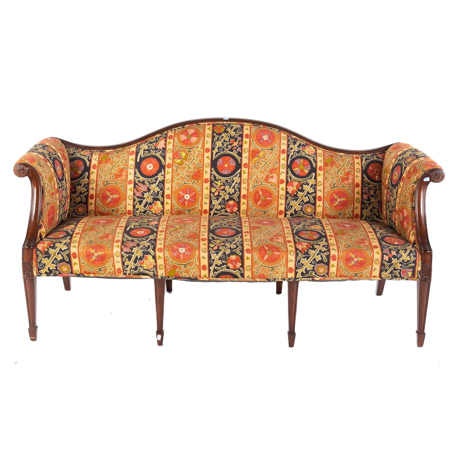 GEORGE III MAHOGANY CAMELBACK UPHOLSTERED