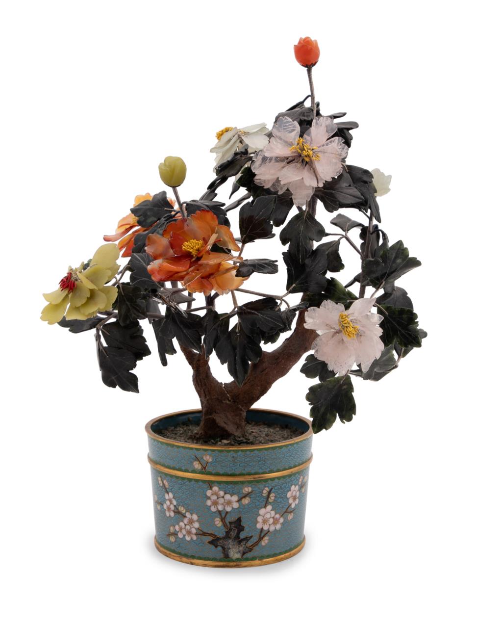 CHINESE HARDSTONE TREE IN CLOISONNE 29f4dc