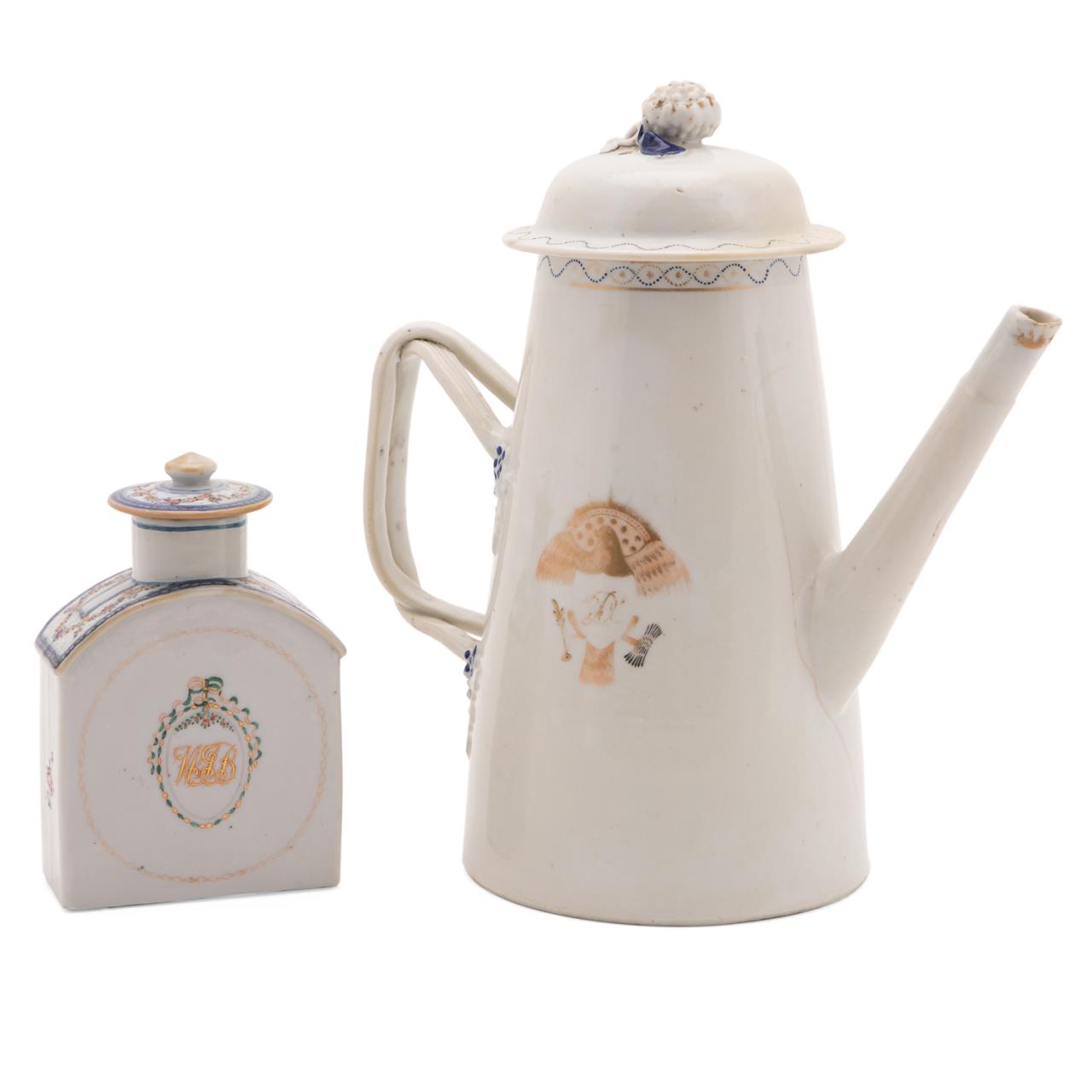 CHINESE EXPORT COFFEE POT AND TEA CADDY,