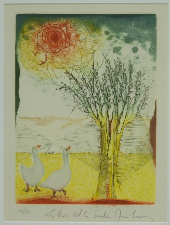 RENE CARCAN DUCKS AND THE WILLOW AQUATINT